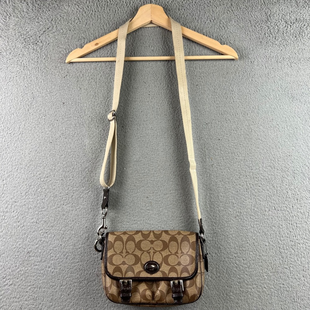 Coach Signature Monogram Canvas Crossbody Bag Khaki Brown Buckle Flap Messenger